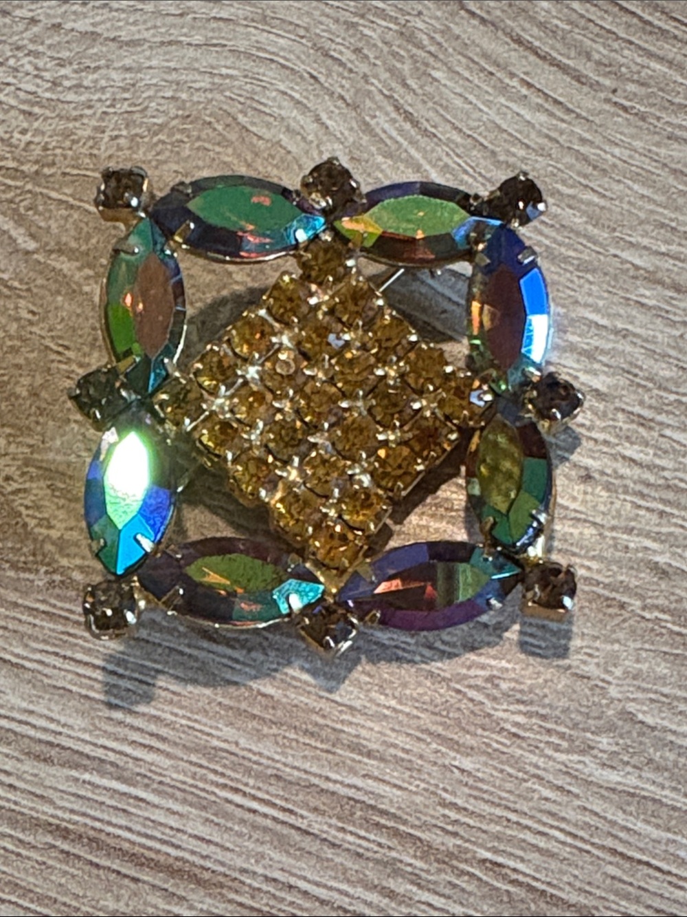 Mid-century aurora borealis rhinestone brooch